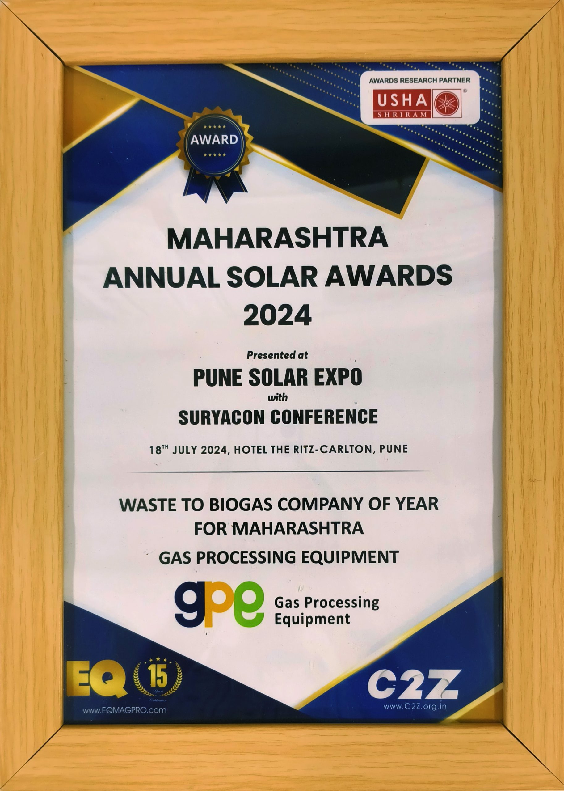 GPE Honored with EQ Magazine Waste to Biogas company of the year for Maharashtra award –2024-25